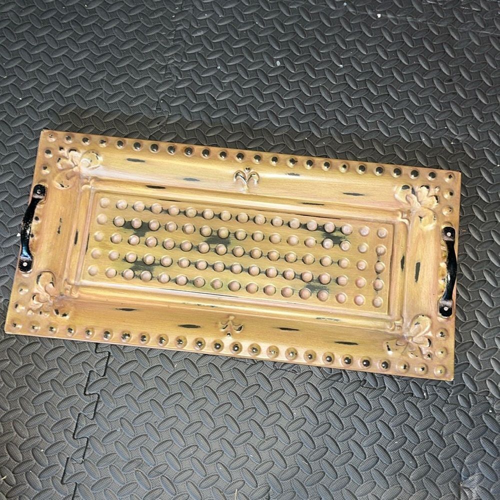 Metal w/handles 24” x 12” approx Serving Tray/Platter Fleur-de-lis motif